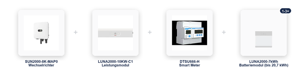 Huawei Hybrid-Speicherset: SUN2000-8K-MAP0 Wechselrichter, LUNA2000-10KW-C1 Leistungsmodul, DTSU666-H Smart Meter und LUNA2000-7kWh Batteriemodul im übersichtlichen Komponentenvergleich