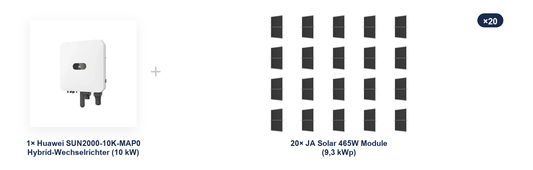 Huawei PV-Anlagen-Set: SUN2000-10K-MAP0 Hybrid-Wechselrichter mit 20x JA Solar 465W Solarmodulen (9,3 kWp) – Komponentenübersicht des Komplettsets