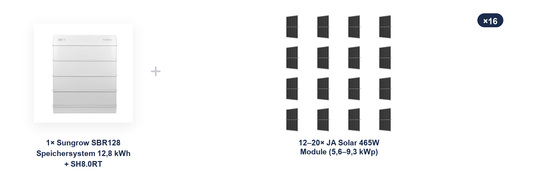 Sungrow SBR128 Komplettsystem 12,8 kWh mit SH8.0RT und 12-20x JA Solar 465W Solarmodulen (5,6-9,3 kWp) – Komponentenübersicht des Komplettsets