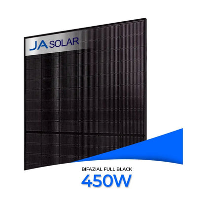 JA Solar JAM54D41-LB bifaziales Solarmodul in Full Black, Vorderansicht mit Glas-Glas Oberfläche.