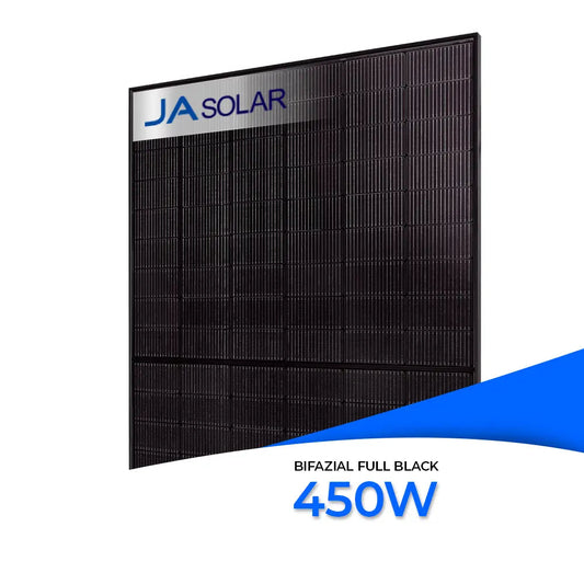 JA Solar JAM54D41-LB bifaziales Solarmodul in Full Black, Vorderansicht mit Glas-Glas Oberfläche.
