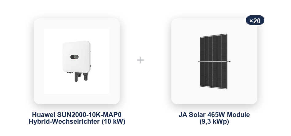 Huawei PV-Anlagen-Set: SUN2000-10K-MAP0 Hybrid-Wechselrichter und 20x JA Solar 465W Solarmodule (9,3 kWp) im übersichtlichen Komponentenvergleich