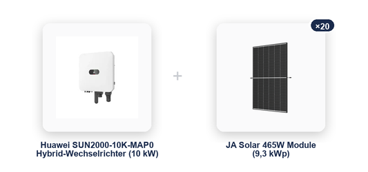 Huawei PV-Anlagen-Set: SUN2000-10K-MAP0 Hybrid-Wechselrichter und 20x JA Solar 465W Solarmodule (9,3 kWp) im übersichtlichen Komponentenvergleich