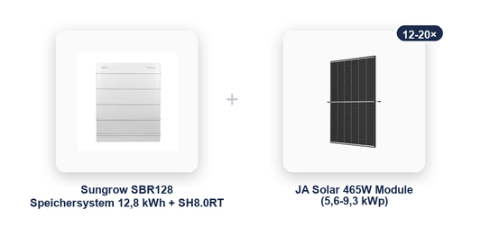 Sungrow SBR128 Komplettsystem 12,8 kWh mit SH8.0RT und JA Solar 465W Solarmodule (5,6-9,3 kWp) im übersichtlichen Komponentenvergleich